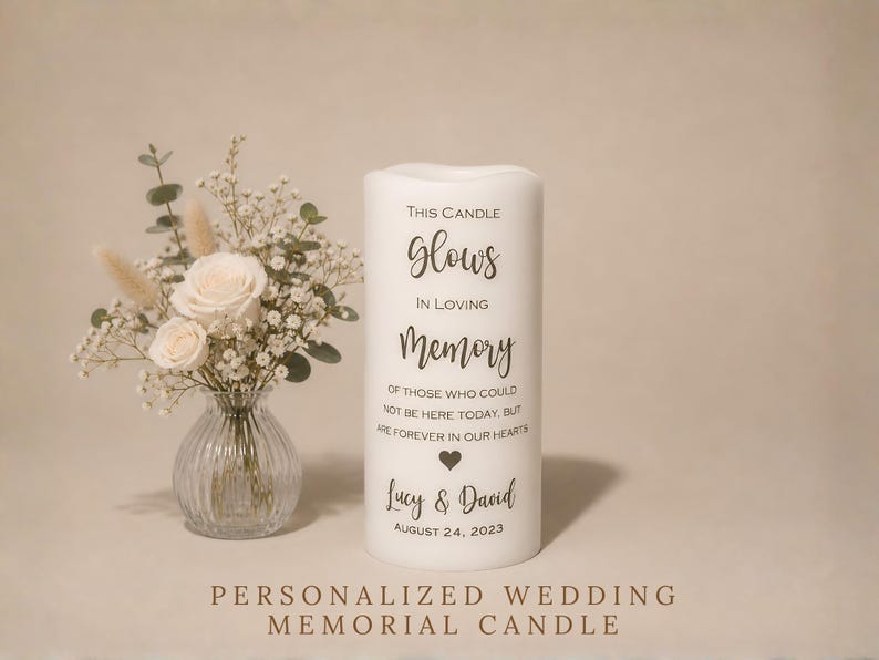 Peut inclure: Une bougie comm&eacute;morative de mariage personnalis&eacute;e blanche avec le texte "This Candle Glows in Loving Memory". La bougie comprend les noms "Lucy & David" et la date du 24 ao&ucirc;t 2023. Un petit arrangement floral est &agrave; gauche.