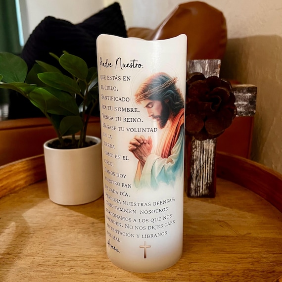Spanish Padre Nuestro Prayer Candle | Our Father in Spanish | Jesus Wax LED Candle with Timer | Catholic Religious Decor Gift