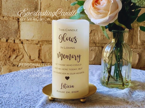 Personalized Quinceañera Memorial LED Candle, In Memory Tribute with Name, Date & Quote, Remembrance Candle for Memorial Tables