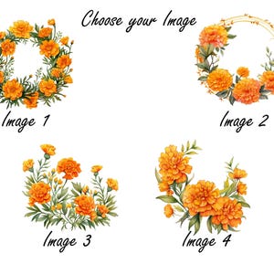 K&ouml;nnte beinhalten: Aquarellillustrationen von Ringelblumen in verschiedenen Anordnungen. Bild 1 zeigt einen Kranz, Bild 2 ein kreisf&ouml;rmiges Design, Bild 3 eine Ansammlung und Bild 4 einen Halbkreis. Der Text "Choose your Image" steht oben.