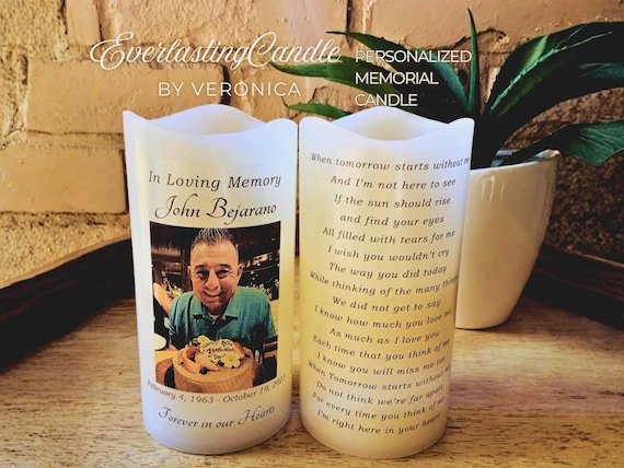 Personalized Memorial Candle Two-Sided LED Wax with Photo, Name, Dates, Poem | Sympathy Gift, Funeral Keepsake, Bereavement Gift
