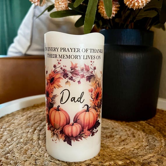 Personalized Thanksgiving Memorial LED Candle – Fall Wreath Keepsake