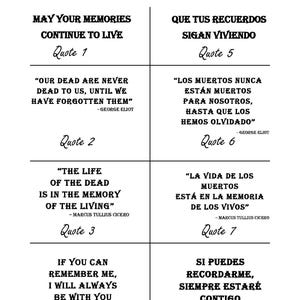 K&ouml;nnte beinhalten: Ein wei&szlig;er Hintergrund zeigt "Quote Choices" in einer handschriftlichen Schriftart. Acht Zitate werden in einem Raster dargestellt, jedes mit Titel und Autor. Die Zitate handeln von Erinnerung und Verlust, mit englischen und spanischen Versionen.