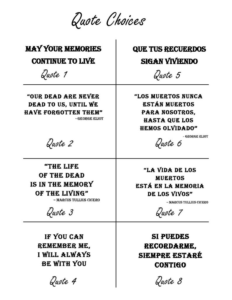 K&ouml;nnte beinhalten: Ein wei&szlig;er Hintergrund zeigt "Quote Choices" in einer handschriftlichen Schriftart. Acht Zitate werden in einem Raster dargestellt, jedes mit Titel und Autor. Die Zitate handeln von Erinnerung und Verlust, mit englischen und spanischen Versionen.