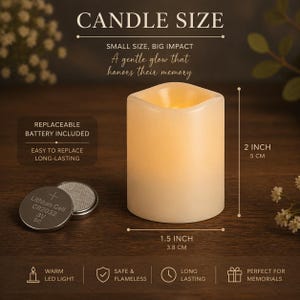 Op de afbeelding: Een cr&egrave;mekleurige LED-stompkaars met een warme gloed, 5 cm hoog en 3,8 cm breed. De afbeelding bevat een CR2032 3V lithiumbatterij en de tekst: CANDLE SIZE, SMALL SIZE, BIG IMPACT, A gentle glow that honors their memory.