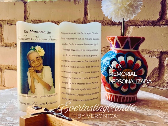 Spanish Personalized Two Sided Memorial Candle with Names Dates Photo Poem and Timer