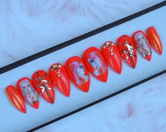 Bright red with skull face girl design, design nails, stiletto nails, press on nails, glue on, handpainted nails, false nails