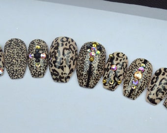 Leopard print and crystals LUXURY PRESS ON, false nails, press on nails, glue on, handpainted nails, stiletto nails