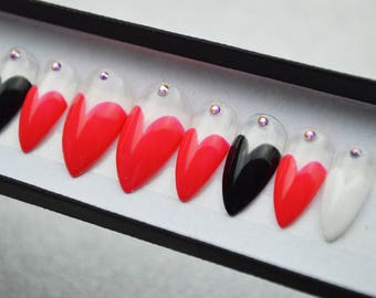 Heart tips design LUXURY PRESS ON, freehanded, press on nails, glue on, handpainted nails, stiletto nails