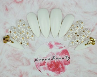Matte white daisy flower design with gold diamantes LUXURY press on, false nails, press on nails, glue on, handpainted nails, stiletto nails
