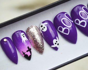 Halloween nails, boo ghost cemetery nails LUXURY PRESS ON, glue on nails, handpainted nails, stiletto nails