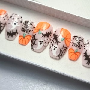 Halloween nails, orange pumpkin, spiderweb, bat nails, goth, LUXURY PRESS ON, glue on nails, handpainted nails, stiletto nails
