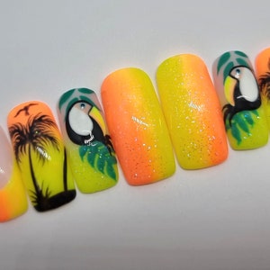 Tropical nails, toucan nails, summery bright design LUXURY PRESS ON, glue on nails, handpainted nails, stiletto nails