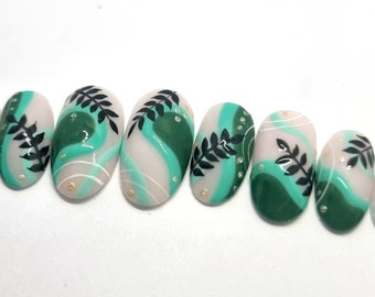 Tropical nails, leaves, green nails LUXURY PRESS ON, glue on nails, handpainted nails, stiletto nails