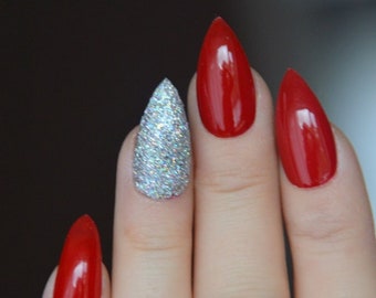 Red and silver LUXURY PRESS ON, false nails, press on nails, glue on, handpainted nails, stiletto nails