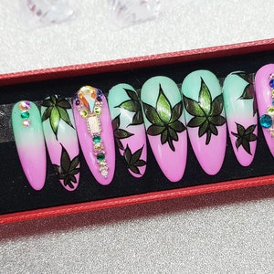 Pot leaf nail art LUXURY PRESS ON, false nails, press on nails, glue on, handpainted nails, stiletto nails