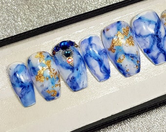 Marble design nails with a gold leaves LUXURY PRESS ON, false nails, press on nails, glue on, handpainted nails, stiletto nails