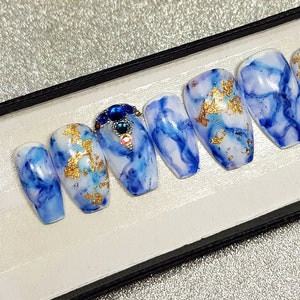 Marble design nails with a gold leaves LUXURY PRESS ON, false nails, press on nails, glue on, handpainted nails, stiletto nails