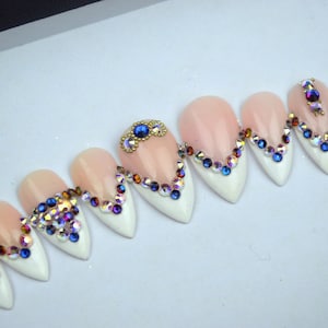 French tip and crystals LUXURY PRESS ON, false nails, press on nails, glue on, handpainted nails, stiletto nails