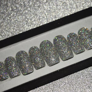 Frosted silver glitter LUXURY PRESS ON, false nails, press on nails, glue on, handpainted nails, stiletto nails