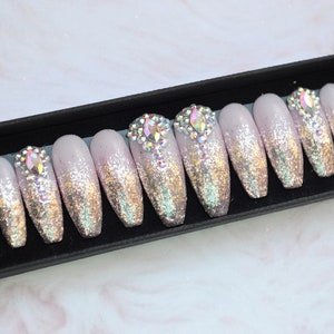 Luxury wedding party nails, diamantes and rose gold glitter PRESS ON, press on nails, glue on, handpainted nails, stiletto nails