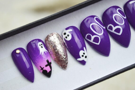 Halloween Nails Boo Ghost Cemetery Nails Luxury Press On Etsy