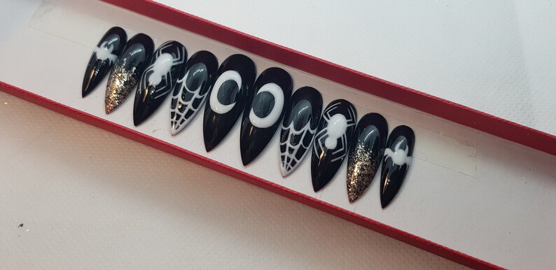 Halloween nails, black spider web nails LUXURY PRESS ON, glue on nails, handpainted nails, stiletto nails image 5