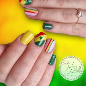 Senegal nails, reggae nails, set of 10 LUXURY PRESS ON, false nails, press on nails, glue on, handpainted nails, stiletto nails