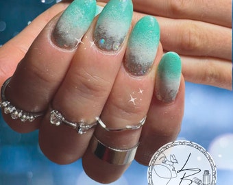 Glitter, white and turquoise ombre, ombre nails, LUXURY PRESS ON, false nails, press on nails, glue on