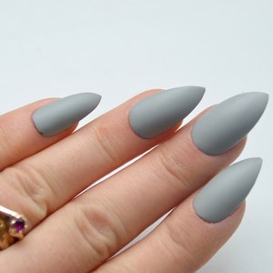 Matte grey LUXURY PRESS ON, false nails, press on nails, glue on, handpainted nails, stiletto nails