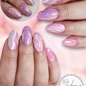 Sparkly pink with swirls, LUXURY PRESS ON, false nails, press on nails, glue on, handpainted nails