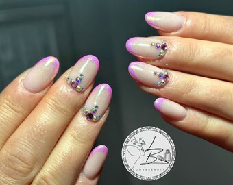 Pink mermaid french tip nails with crystals design LUXURY PRESS ON, false nails, press on nails, glue on, handpainted nails