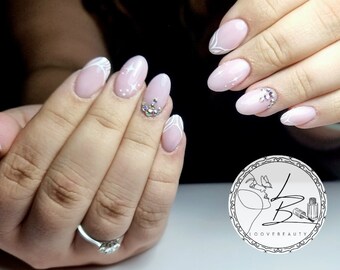 Natural nails with white nail art and crystals, press on nails, glue on, handpainted nails, false nails