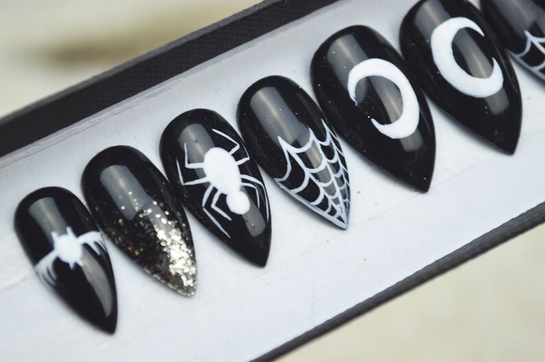 Halloween nails, black spider web nails LUXURY PRESS ON, glue on nails, handpainted nails, stiletto nails image 1