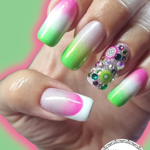 Pink and green summer nails, watermelon nails, fruity nails, LUXURY PRESS ON, glue on nails, handpainted nails, stiletto nails