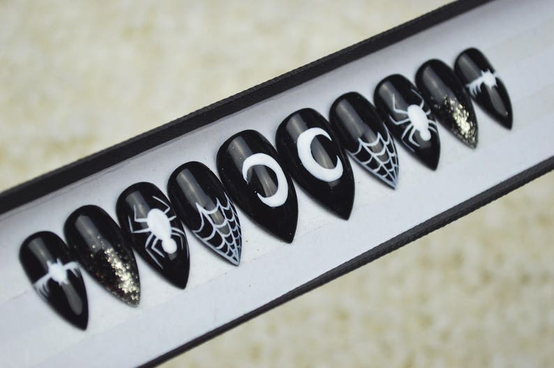 Halloween nails, black spider web nails LUXURY PRESS ON, glue on nails, handpainted nails, stiletto nails image 2