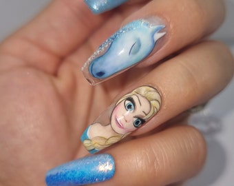 Frozen inspired nails, Elsa and Anna nails, Disney nails, handmade, handpainted nails, stiletto, coffin nails