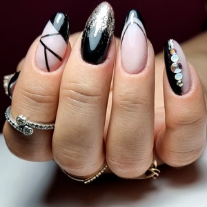 Black and gold with crystals LUXURY PRESS ON, press on nails, glue on, handpainted nails, classic, elegant image 1
