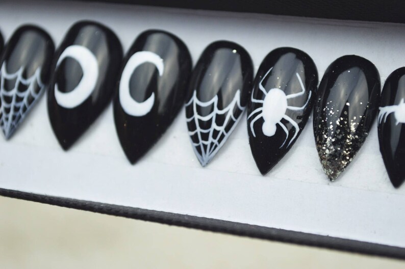 Halloween nails, black spider web nails LUXURY PRESS ON, glue on nails, handpainted nails, stiletto nails image 4