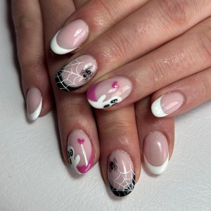 Halloween nails, spider web, pink ghost, cute nails LUXURY PRESS ON, glue on nails, handpainted nails