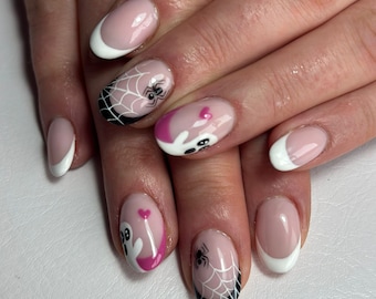 Halloween nails, spider web, pink ghost, cute nails LUXURY PRESS ON, glue on nails, handpainted nails