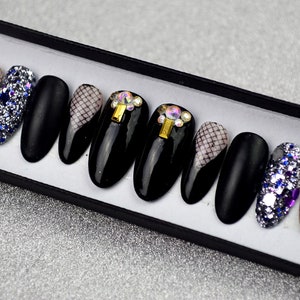 Black party set, design nails, stiletto nails, press on nails, glue on, handpainted nails, false nails