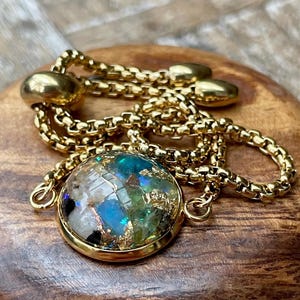 Orgone Bracelet *Manifestiny* Glow in the Dark Jewelry- Angel Aura Quartz, Prehnite, Peridot, Stilbite, Smokey Quartz, Pyrite. Gold Leaf