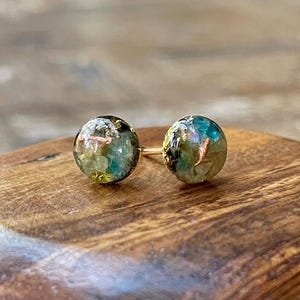 8mm Orgonite Stud Earrings *Manifestiny* 14K Gold Filled Orgone with Aura Quartz, Prehnite, Peridot, Stilbite, Smokey Qtz, Pyrite