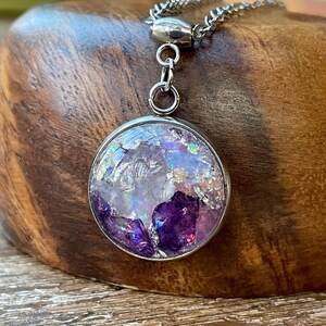 Small Orgonite Pendant *EtherealEcho* Glow Necklace Jewelry w/Amethyst, Angel Aura & Rose Quartz, Celestite, Opalite, Lepidolite, Silver