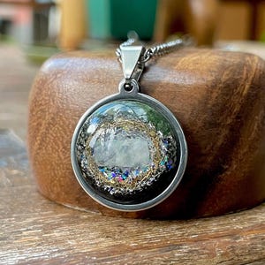 Orgone Pendant *EthericShield* Orgonite Necklace Glow in the Dark Jewelry with Black Tourmaline, Actinolite, Moonstone, Pyrite, Silver Leaf