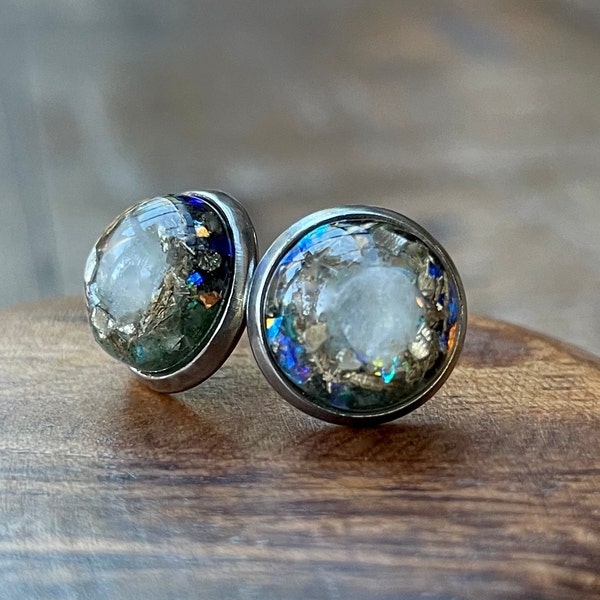 12mm Orgone Stud Earrings *EthericShield* Glow in the Dark Orgone Jewelry- Black Tourmaline, Actinolite, Moonstone, Pyrite, Silver Leaf