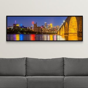 Minneapolis Stone Arch Night | Minneapolis Skyline | Minneapolis Panorama | Canvas Wrap | Framed Canvas Wall Art