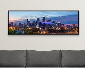 US Bank Stadium Minneapolis Skyline | MPLS Night Cityscape | Minneapolis Panorama | Canvas Wrap | Framed Canvas Wall Art