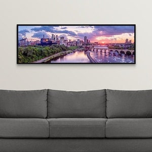 Minneapolis City Sunset | Minneapolis Skyline Panorama | Canvas Wrap | Framed Canvas Wall Art